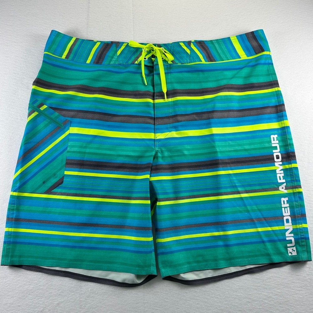 Under Armour Mens Heat‎ Gear Striped Board Shorts Teal Green Size 42 Unlined